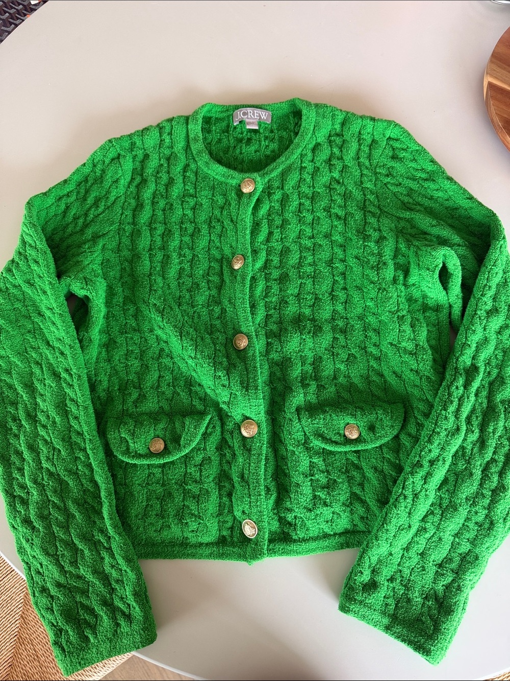 J. Crew Bright Green Cable-Knit Button Cardigan with Gold Buttons